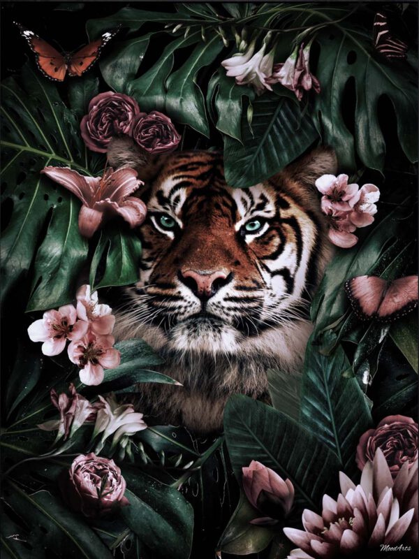 Poster tijger jungle met bloemen