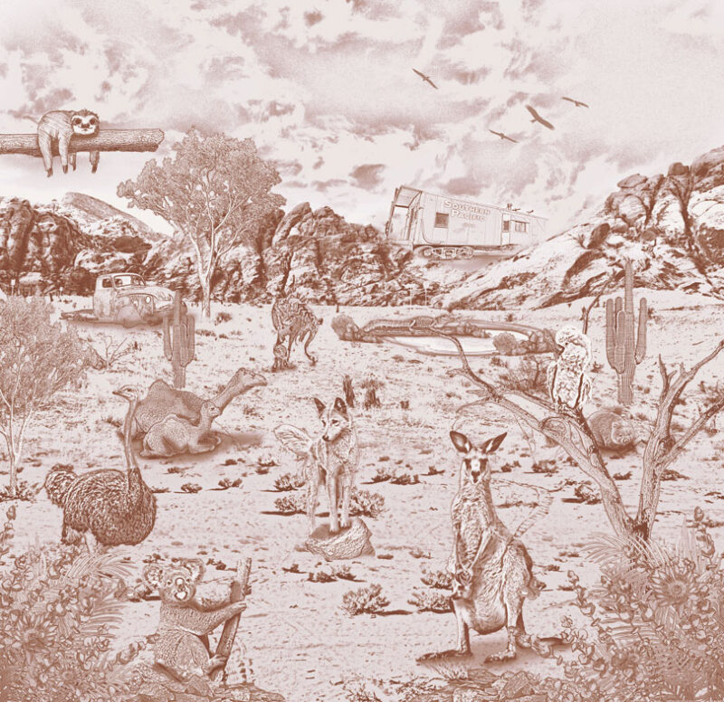 Kinderkamer getekend behang Australische dieren krijt bruin