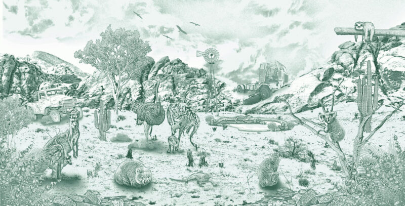 Kinderkamer getekend behang Australische dieren krijt diepgroen