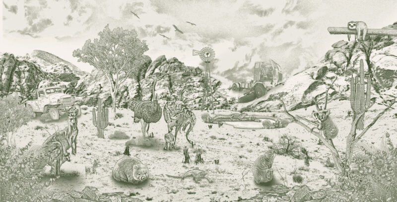 Kinderkamer getekend behang Australische dieren krijt mosgroen