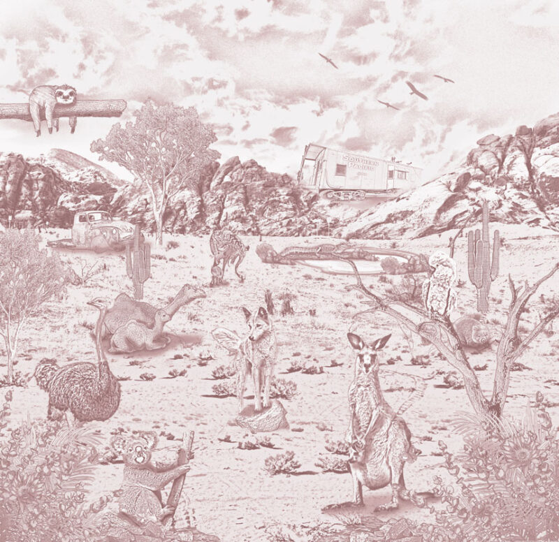 Kinderkamer getekend behang Australische dieren krijt oudroze