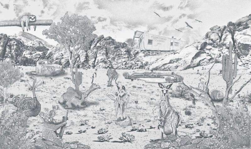Kinderkamer getekend behang Australische dieren krijt potloodgrijs