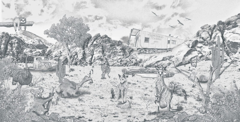 Kinderkamer getekend behang Australische dieren krijt potloodgrijs