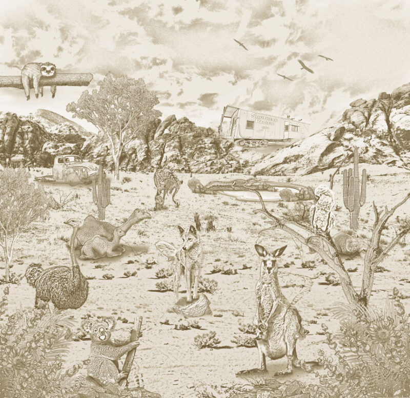 Kinderkamer getekend behang Australische dieren krijt zandbruin