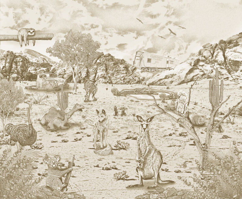 Kinderkamer getekend behang Australische dieren krijt zandbruin