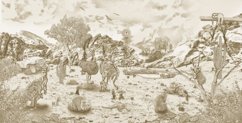 Kinderkamer getekend behang Australische dieren krijt zandbruin