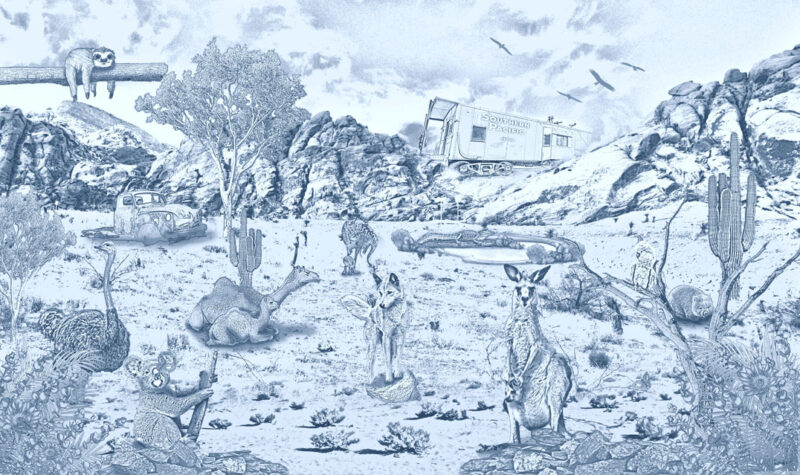Kinderkamer getekend behang Australische dieren krijt zeeblauw