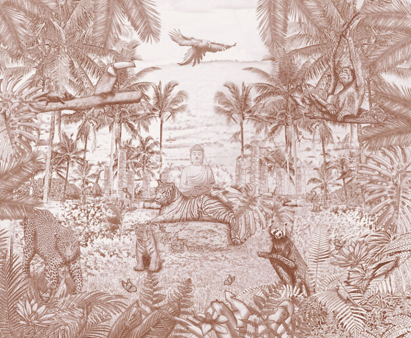 Kinderkamer getekend behang jungle dieren krijt bruin
