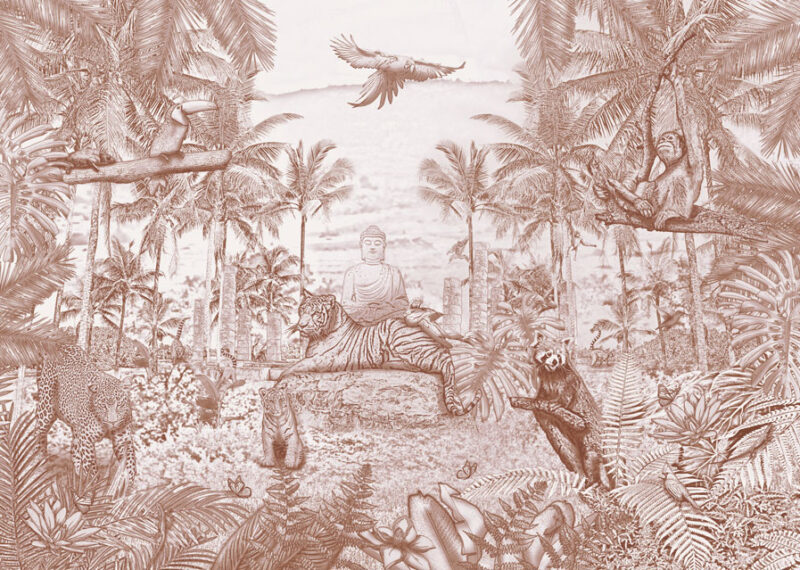 Kinderkamer getekend behang jungle dieren krijt bruin