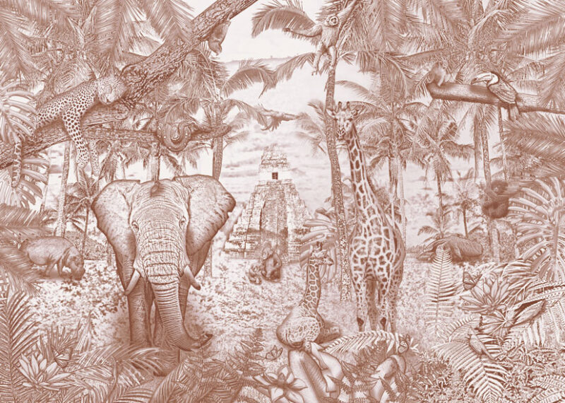 Kinderkamer getekend behang jungle dieren krijt bruin