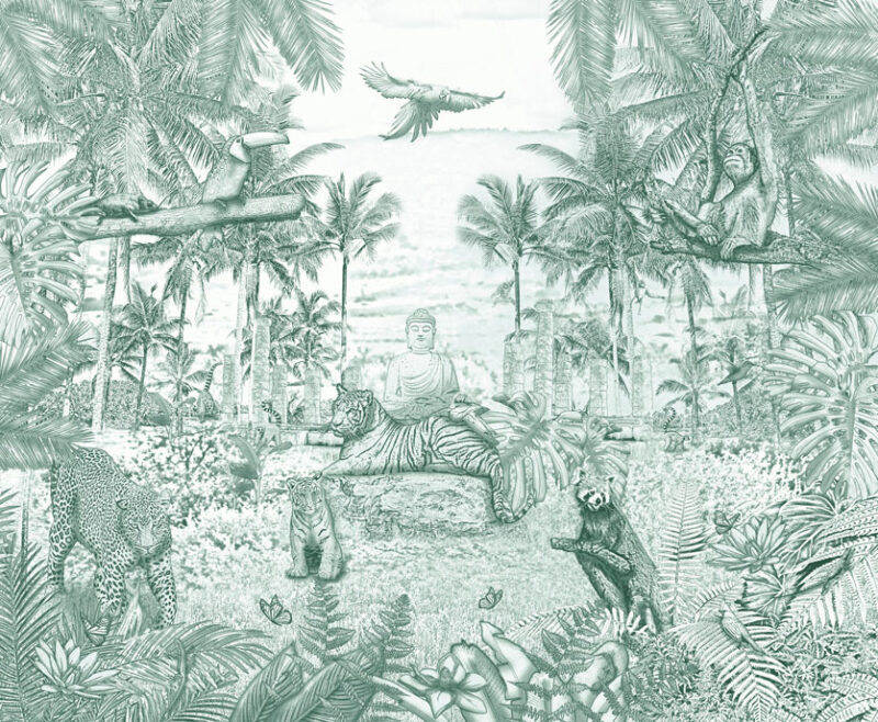 Kinderkamer getekend behang jungle dieren krijt diepgroen