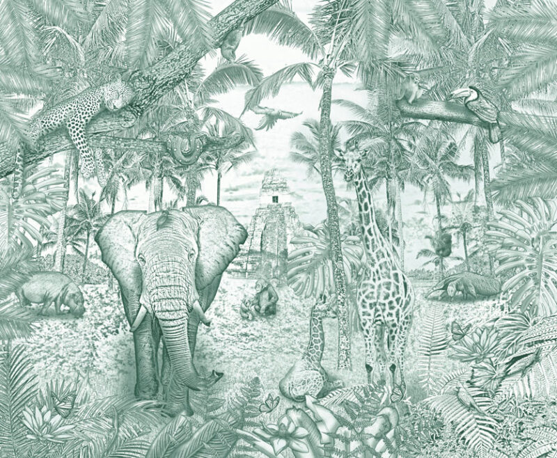 Kinderkamer getekend behang jungle dieren krijt diepgroen