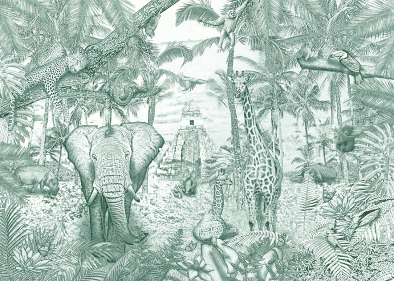 Kinderkamer getekend behang jungle dieren krijt diepgroen