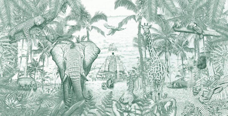 Kinderkamer getekend behang jungle dieren krijt diepgroen