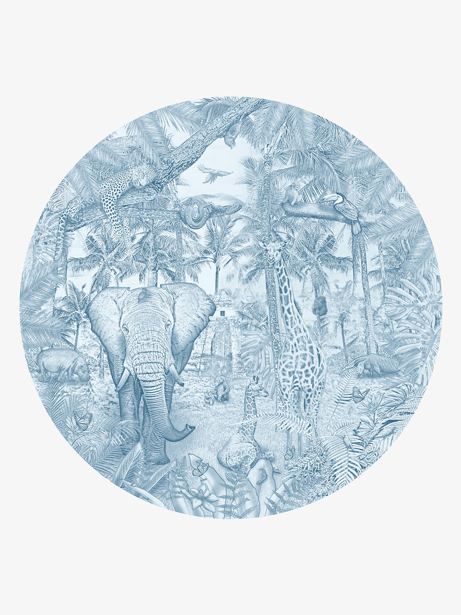 Jungle dieren behangcirkel giraffen | luchtblauw 1 Kinderkamer en babykamer getekende behangcirkel jungle dieren giraffen krijt luchtblauw