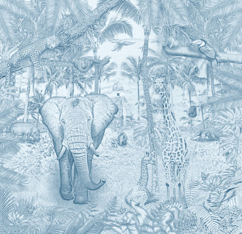 Kinderkamer getekend behang jungle dieren krijt luchtblauw