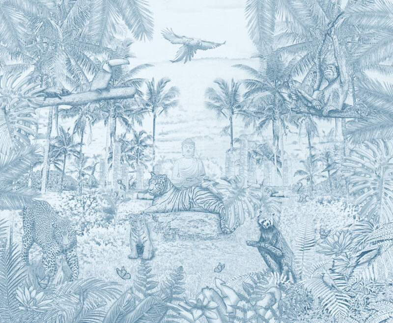 Kinderkamer getekend behang jungle dieren krijt luchtblauw