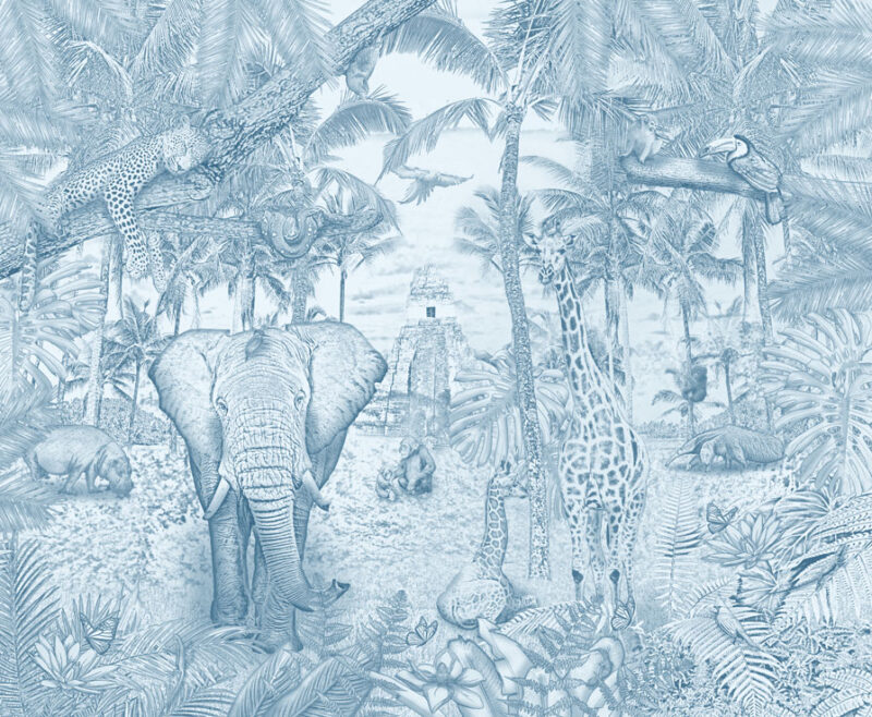 Kinderkamer getekend behang jungle dieren krijt luchtblauw