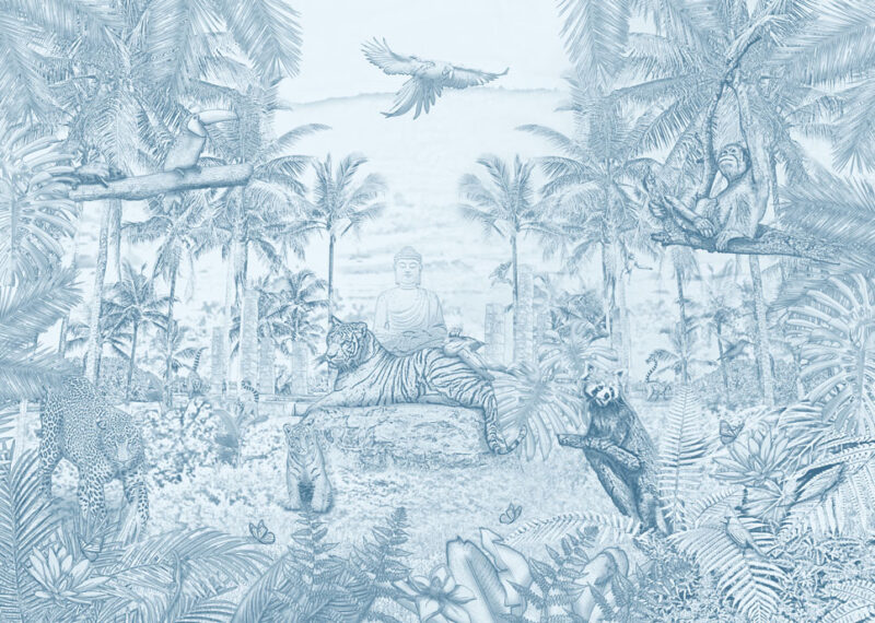 Kinderkamer getekend behang jungle dieren krijt luchtblauw