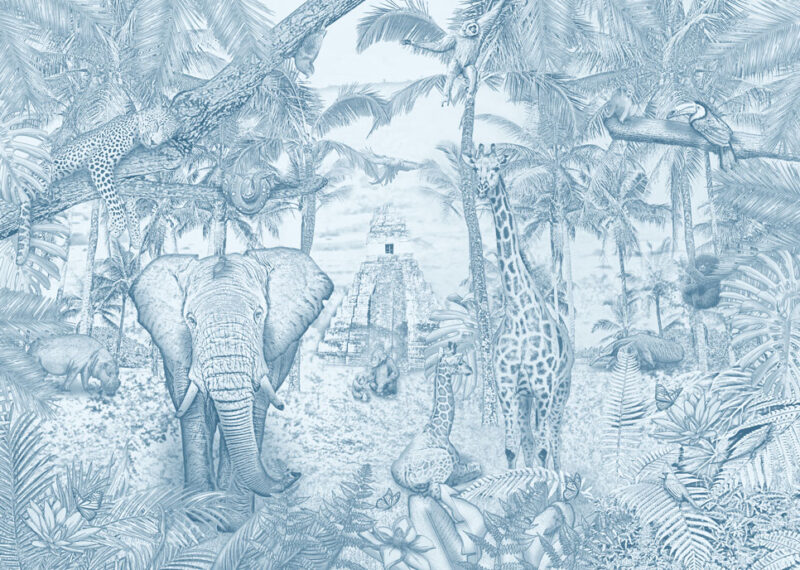 Kinderkamer getekend behang jungle dieren krijt luchtblauw