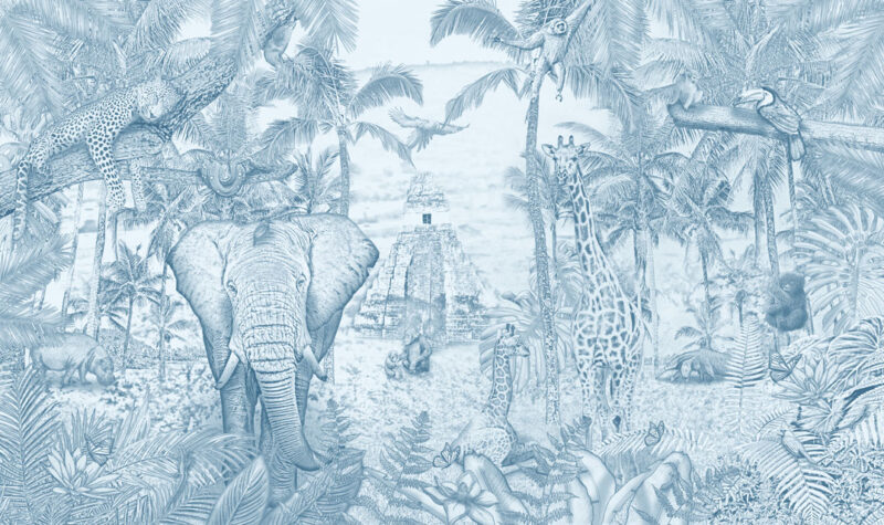 Kinderkamer getekend behang jungle dieren krijt luchtblauw