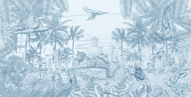 Kinderkamer getekend behang jungle dieren krijt luchtblauw