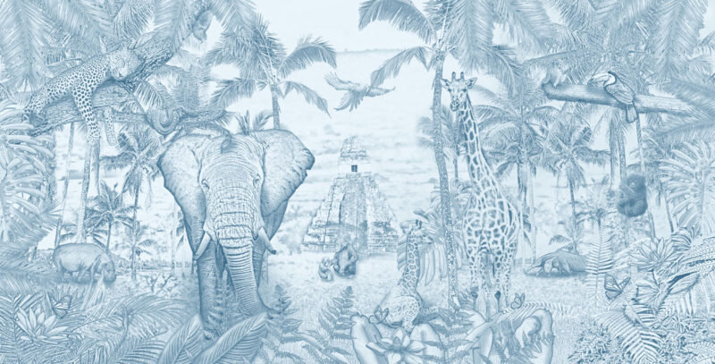 Kinderkamer getekend behang jungle dieren krijt luchtblauw
