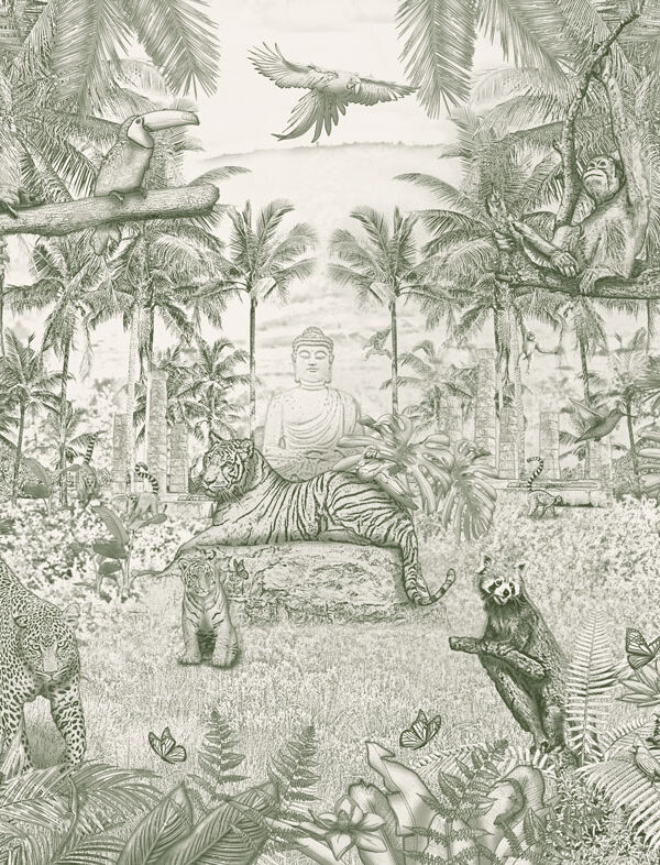 Kinderkamer getekend behang jungle dieren krijt mosgroen