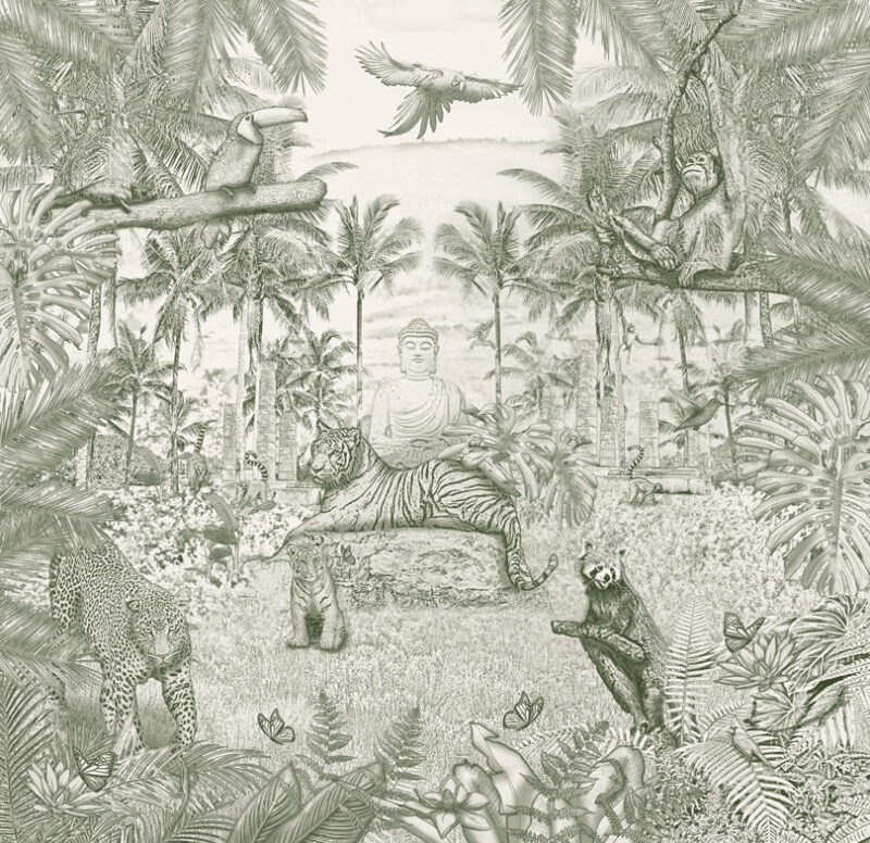 Kinderkamer getekend behang jungle dieren krijt mosgroen
