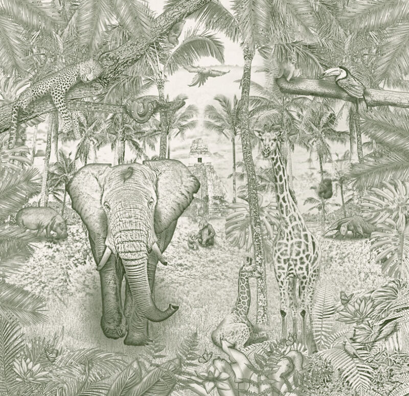 Kinderkamer getekend behang jungle dieren krijt mosgroen