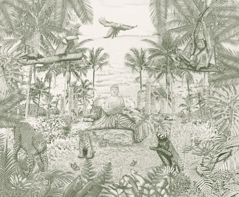 Kinderkamer getekend behang jungle dieren krijt mosgroen