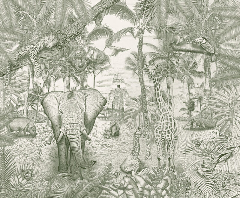 Kinderkamer getekend behang jungle dieren krijt mosgroen
