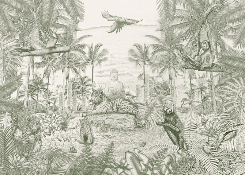 Kinderkamer getekend behang jungle dieren krijt mosgroen
