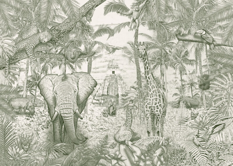 Kinderkamer getekend behang jungle dieren krijt mosgroen