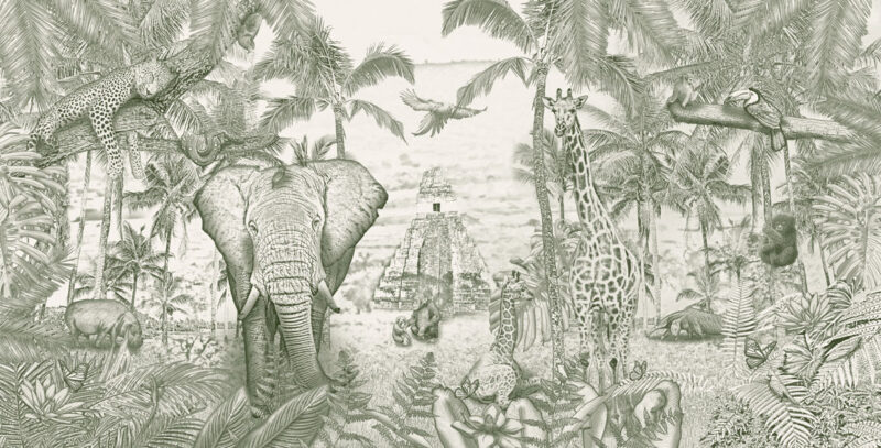 Kinderkamer getekend behang jungle dieren krijt mosgroen