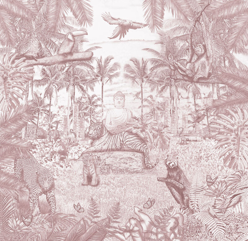 Kinderkamer getekend behang jungle dieren krijt oudroze