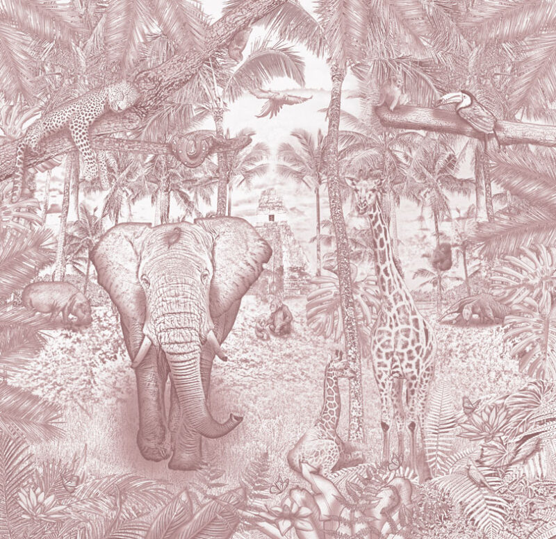 Kinderkamer getekend behang jungle dieren krijt oudroze