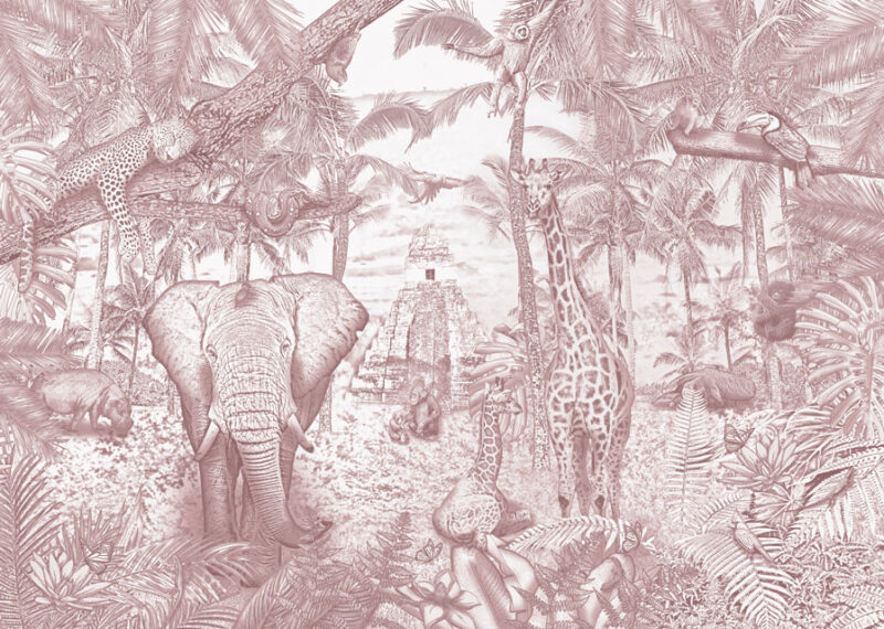 Kinderkamer getekend behang jungle dieren krijt oudroze