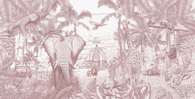 Kinderkamer getekend behang jungle dieren krijt oudroze