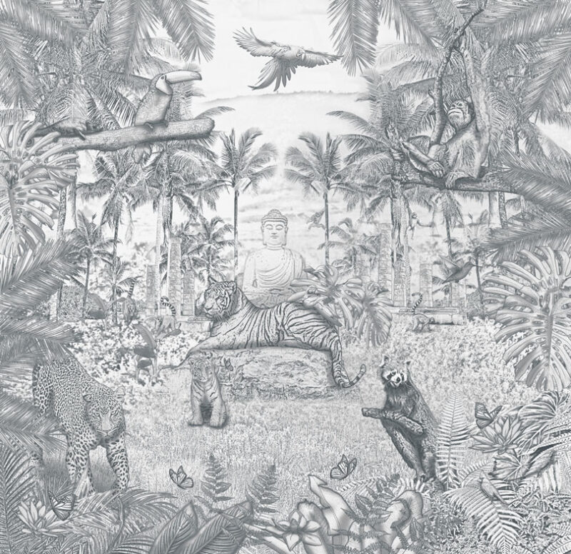 Kinderkamer getekend behang jungle dieren krijt potloodgrijs