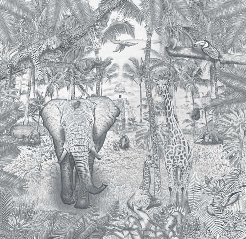 Kinderkamer getekend behang jungle dieren krijt potloodgrijs