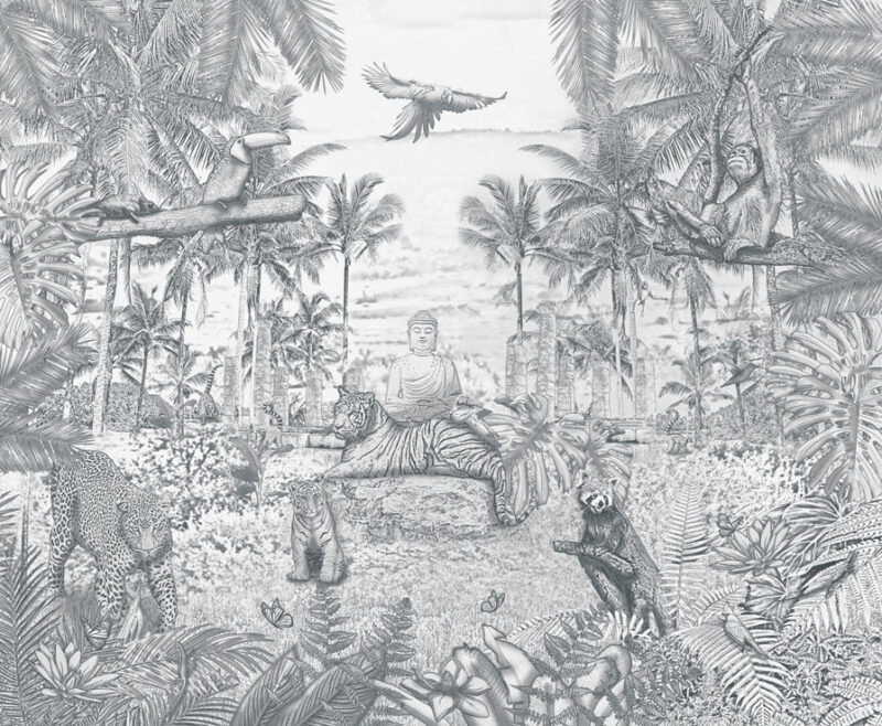 Kinderkamer getekend behang jungle dieren krijt potloodgrijs
