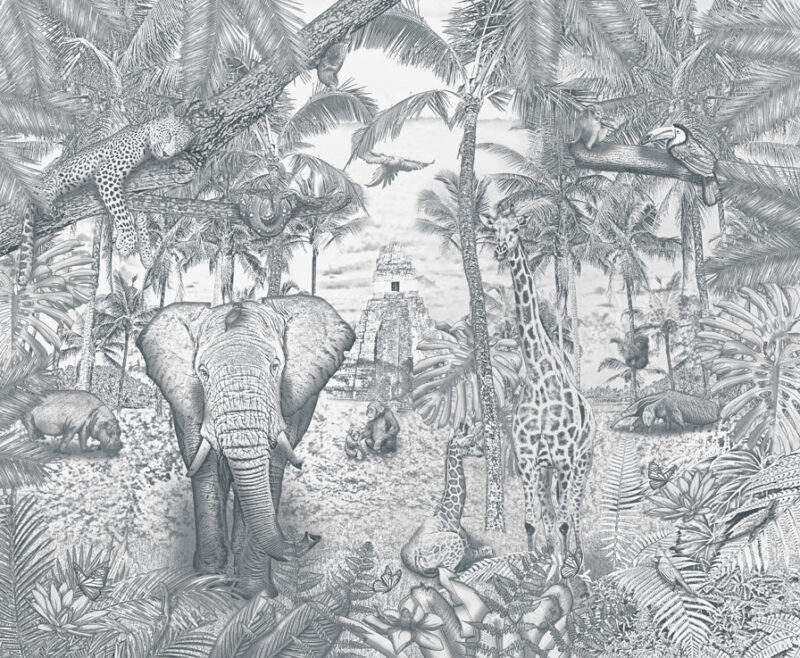 Kinderkamer getekend behang jungle dieren krijt potloodgrijs