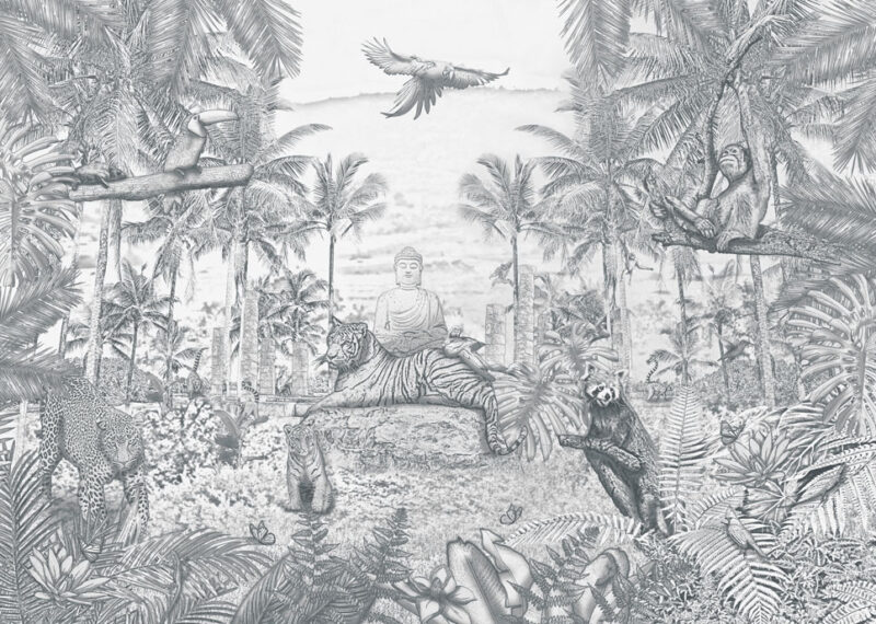 Kinderkamer getekend behang jungle dieren krijt potloodgrijs