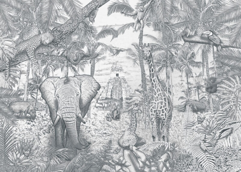 Kinderkamer getekend behang jungle dieren krijt potloodgrijs