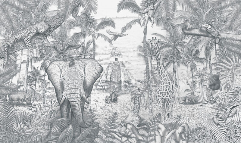 Kinderkamer getekend behang jungle dieren krijt potloodgrijs