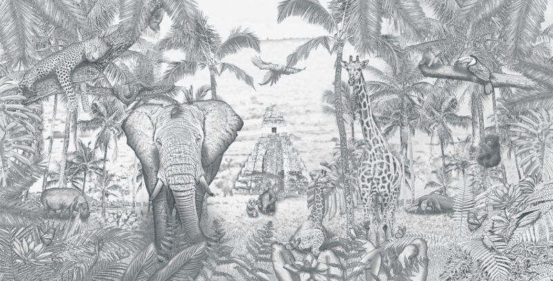 Kinderkamer getekend behang jungle dieren krijt potloodgrijs
