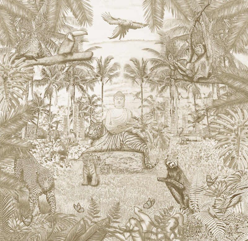 Kinderkamer getekend behang jungle dieren krijt zandbruin