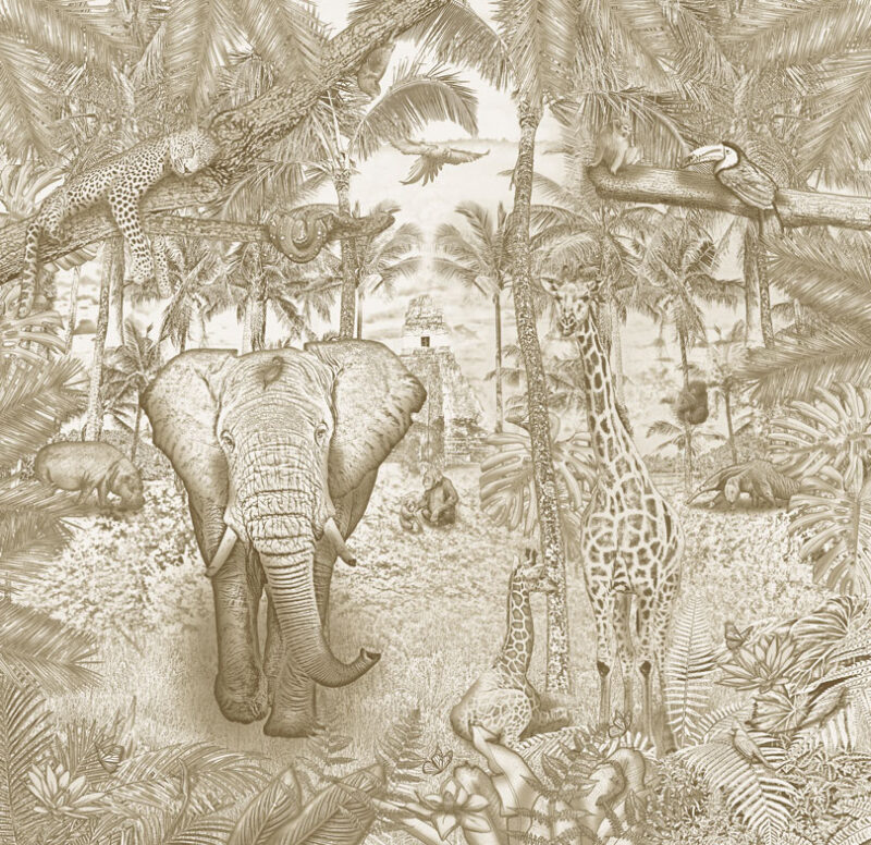 Kinderkamer getekend behang jungle dieren krijt zandbruin