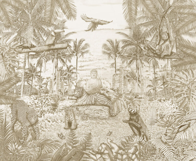 Kinderkamer getekend behang jungle dieren krijt zandbruin